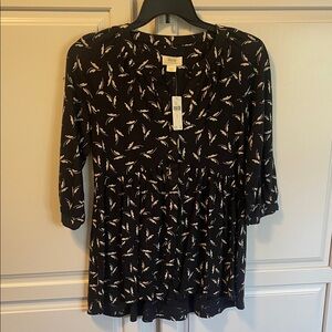 Anthropologie Black Tunic with Cream Leaf Print
